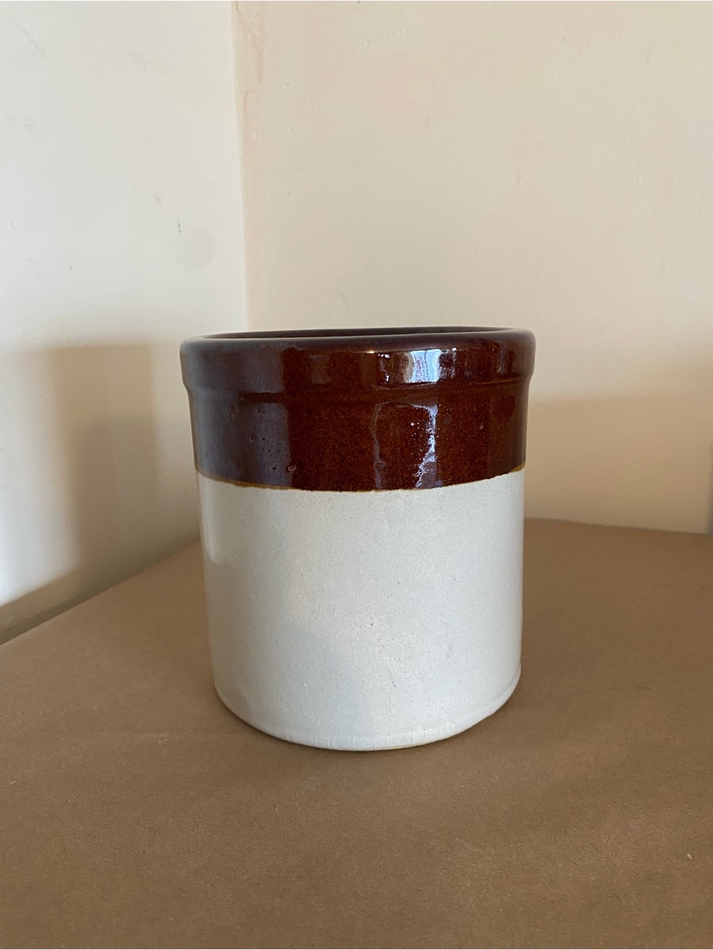 R.R.P. Co. Crock Vintage 1900s Pottery Ohio made Marked brown Utensil holder